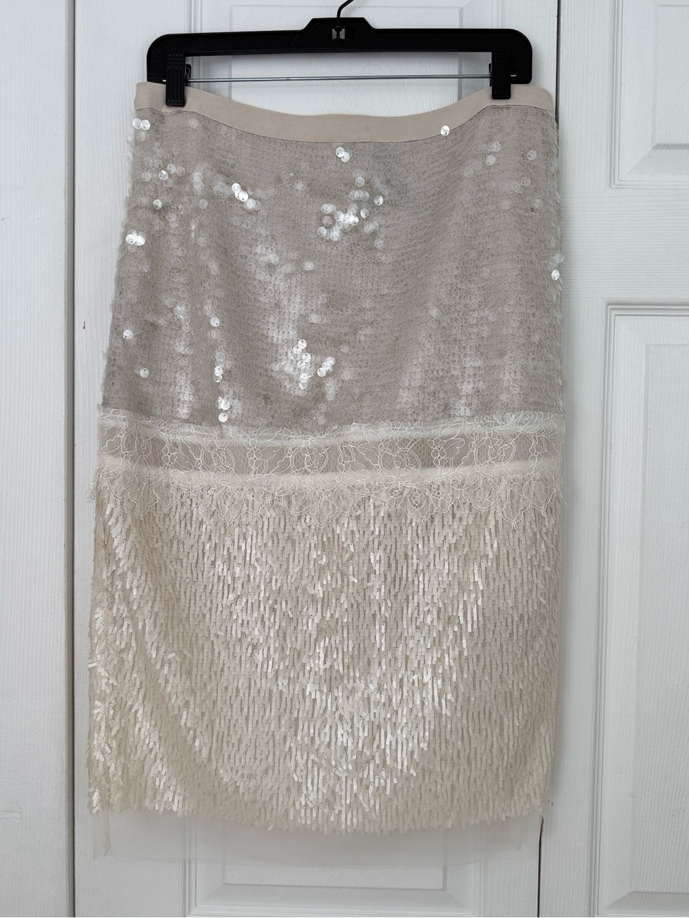 BCBGMaxAzria CRISTAL Off White Sequin & Lace Midi Skirt Size M Party Holidays